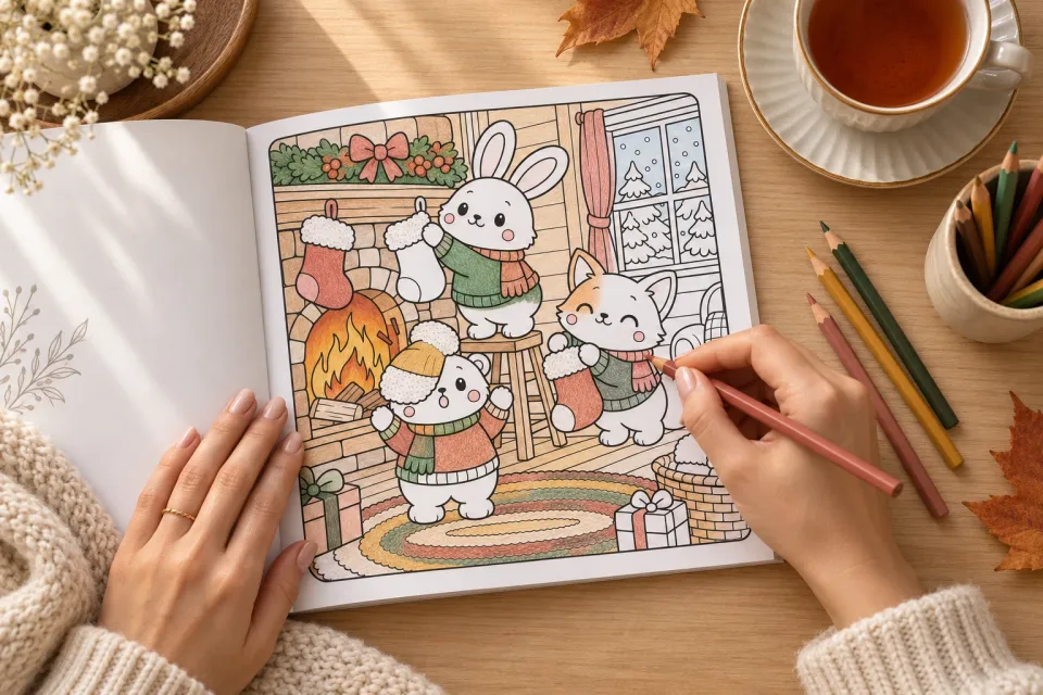 Hands coloring a cozy Christmas page in a Delia Hartwell coloring book, with tea and colored pencils